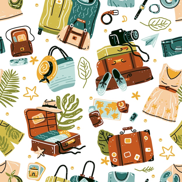 Seamless pattern with travel stuff objects