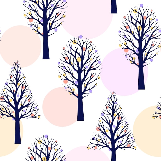 Seamless pattern with trees and circles on white background