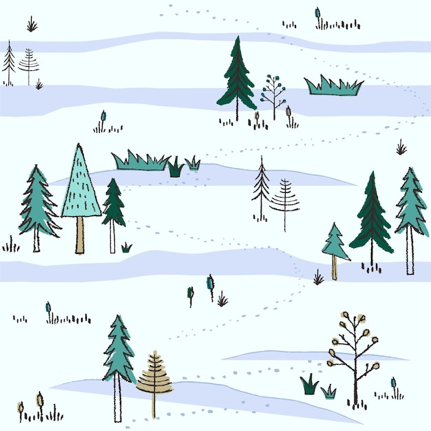 A seamless pattern with trees and snow and a snowman.