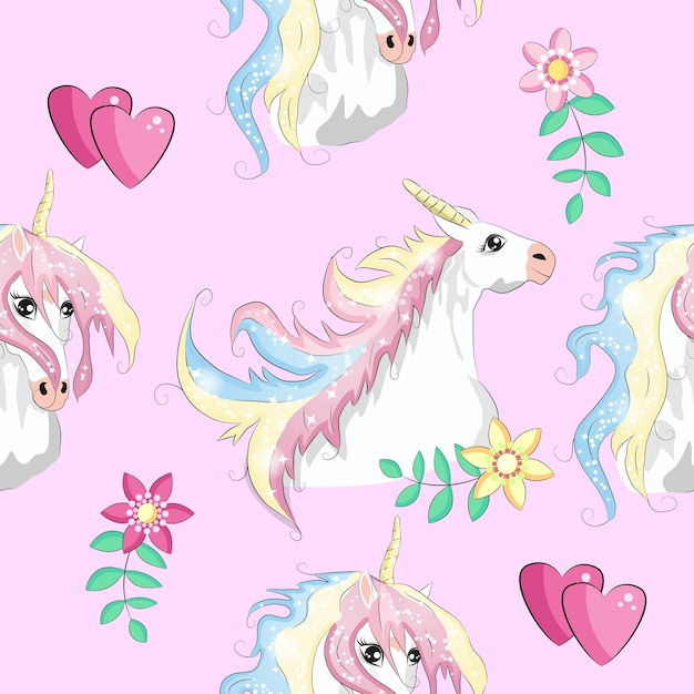 Seamless pattern with trendy cartoon patches unicorns rainbows and hearts