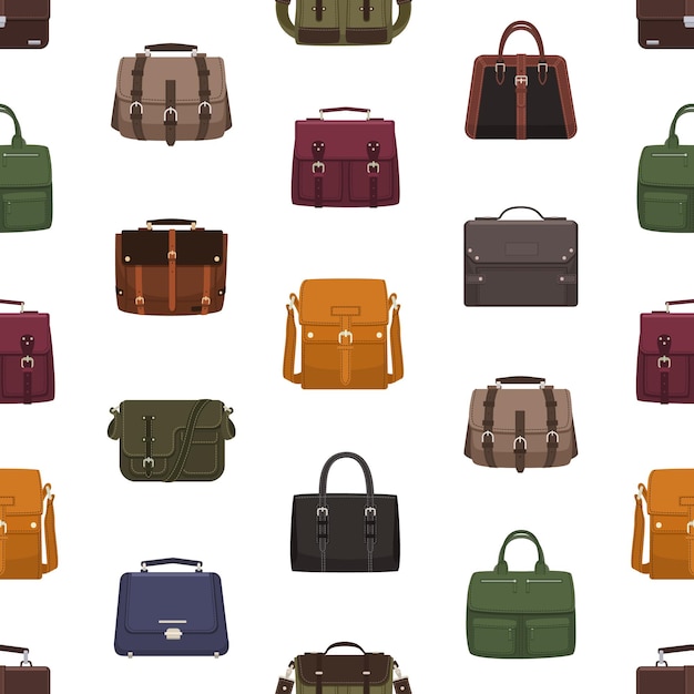 Seamless pattern with trendy men's bags or handbags of different styles on white