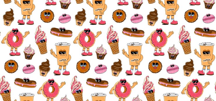 Vector seamless pattern with trendy retro cartoon sweet fast food characters for bar restaurant menu