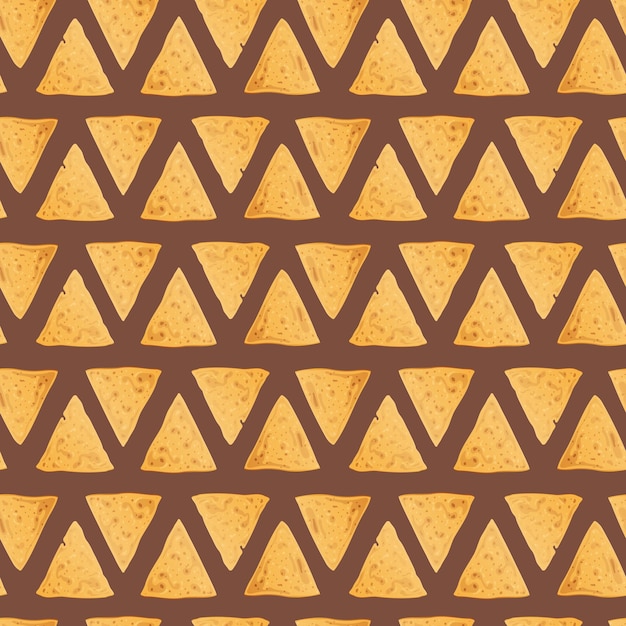 Seamless pattern with triangular corn chips on a brown background Traditional Mexican food