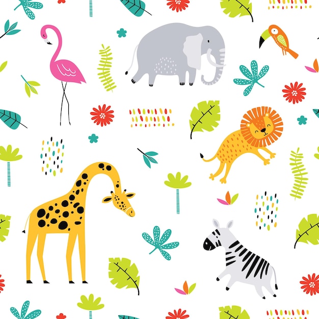 Seamless pattern with tropical animals.  