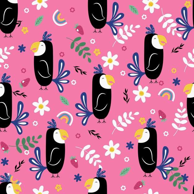 Seamless pattern with tropical birds plants and flowers Cartoon flat style