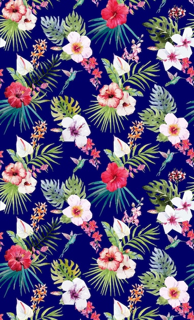 A seamless pattern with tropical flowers on a dark blue background.