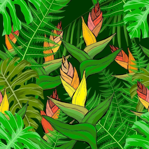 Seamless pattern with tropical flowers and fern leaves