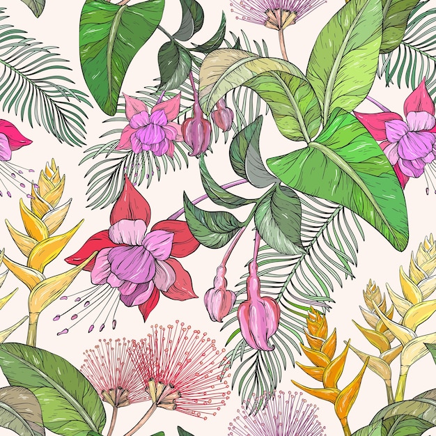 Seamless pattern with tropical flowers and leaves jungle leaves and exotic plants