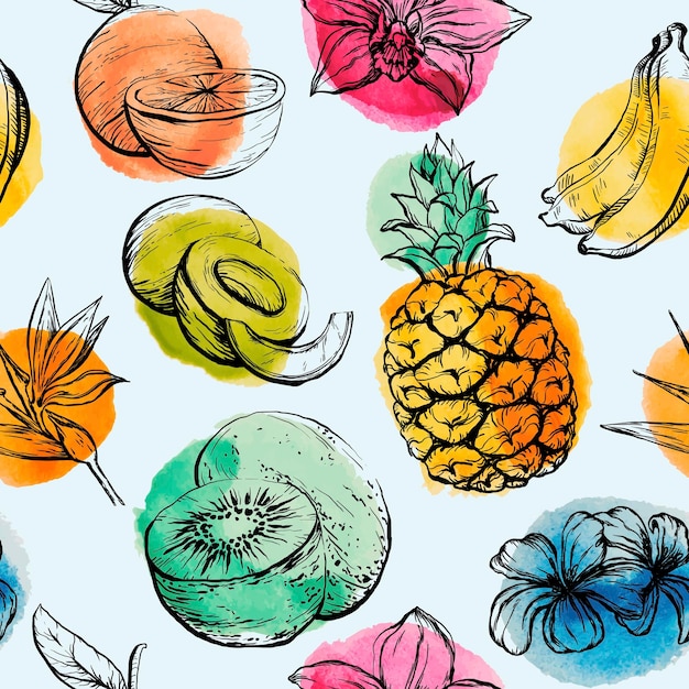 Seamless pattern with tropical flowersand fruits