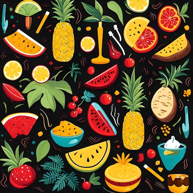 Vector seamless pattern with tropical fruits and berries vector illustration