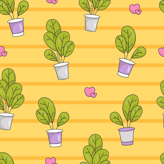 Vector seamless pattern with tropical indoor plants in flowerpots on yellow striped background with hearts