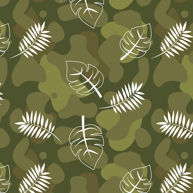 Seamless pattern with tropical leaves on camouflage background Vector illustration