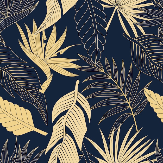 Seamless pattern with tropical leaves. elegant dark blue and gold exotic background.