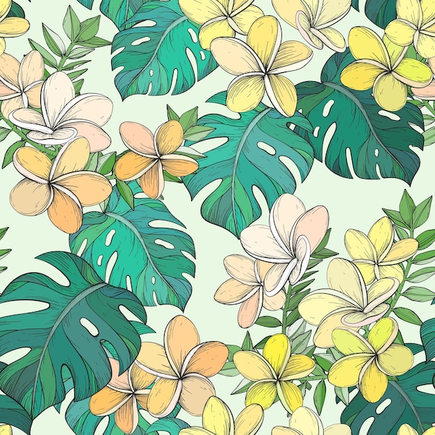 열 대 잎과 Frangipani 꽃으로 완벽 한 패턴