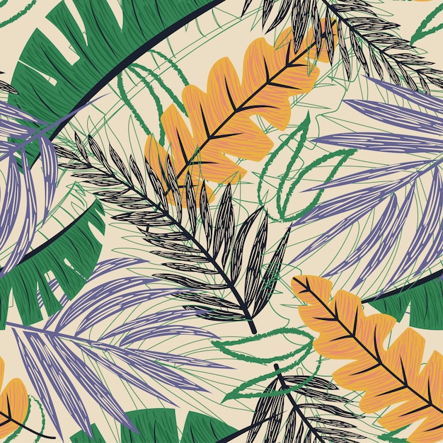 Seamless pattern with tropical leaves and plants