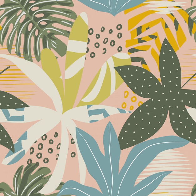 Seamless pattern with tropical leaves 