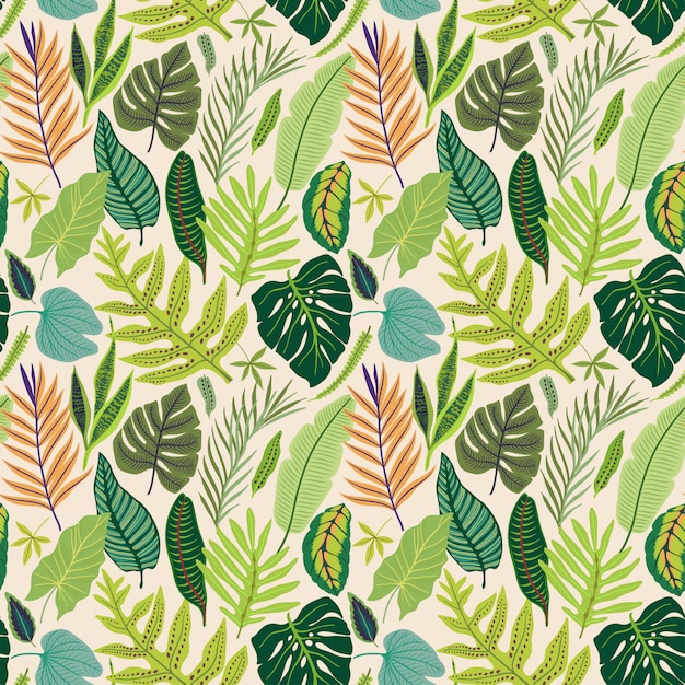 Vector seamless pattern with tropical leaves.