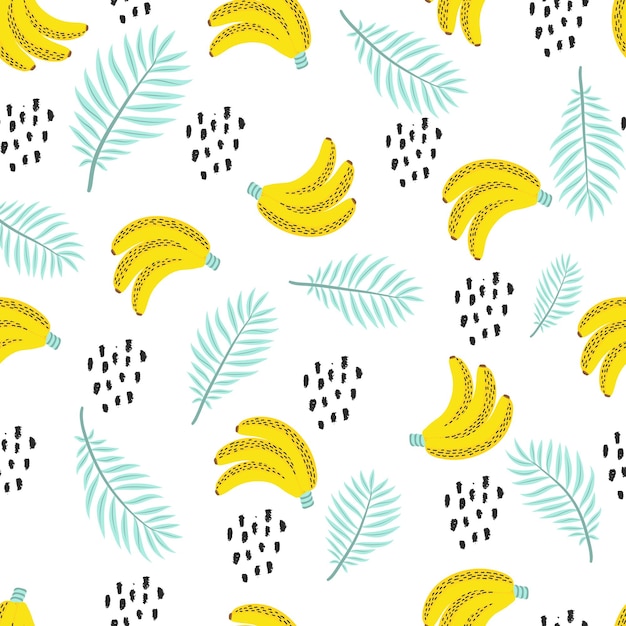 Modello senza cuciture con foglie di palma tropicale e banane. illustrazione vettoriale.