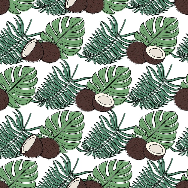 Seamless pattern with tropical palm leaves and coconuts