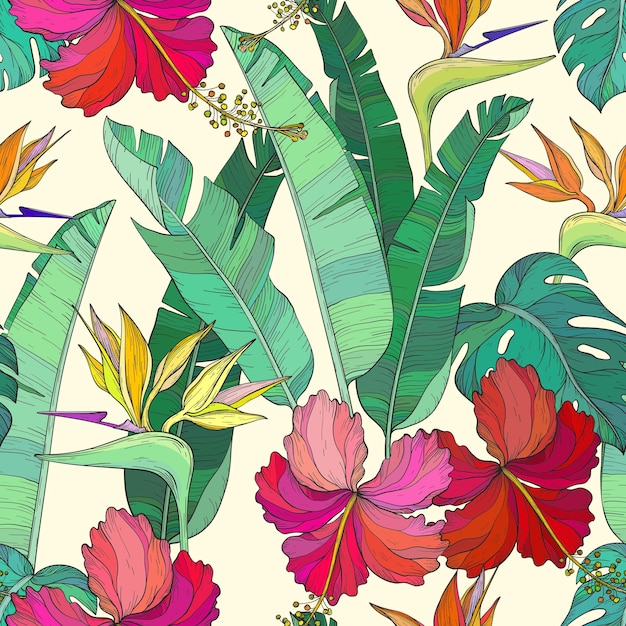 熱帯のヤシの葉と極楽鳥のハイビスカスの花のシームレスなパターン