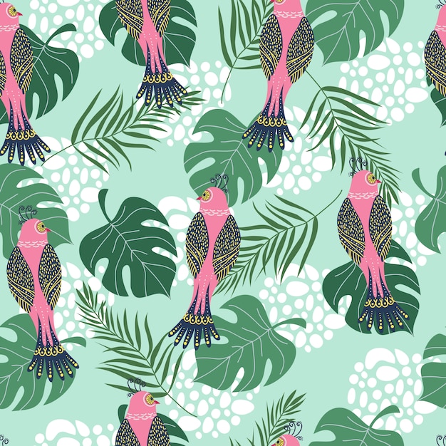 Seamless pattern with tropical pink birds and flowers