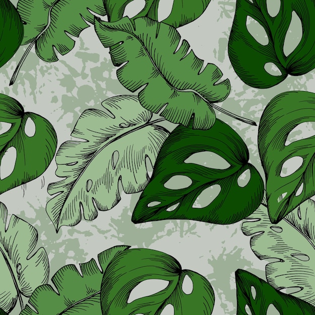 Seamless pattern with tropical plants and leaves