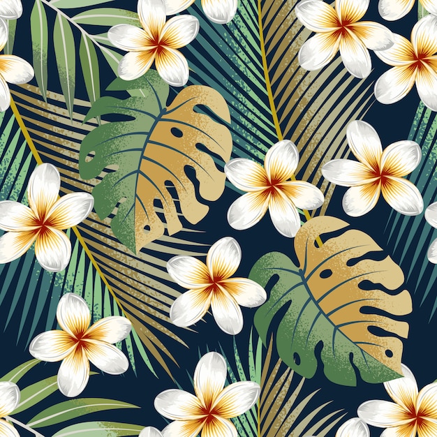 Vector seamless pattern with tropical strelitzia flowers and leaves exotic background.