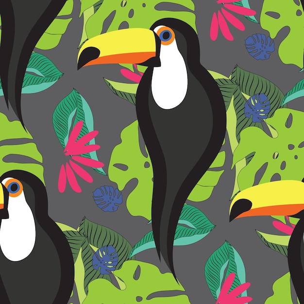 Seamless pattern with tropical toucan birds and colorful leaves on grey background