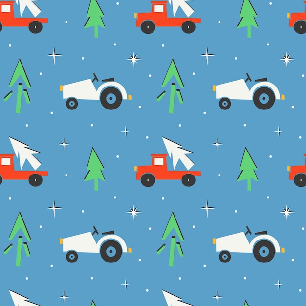 Seamless pattern with trucks and christmas trees