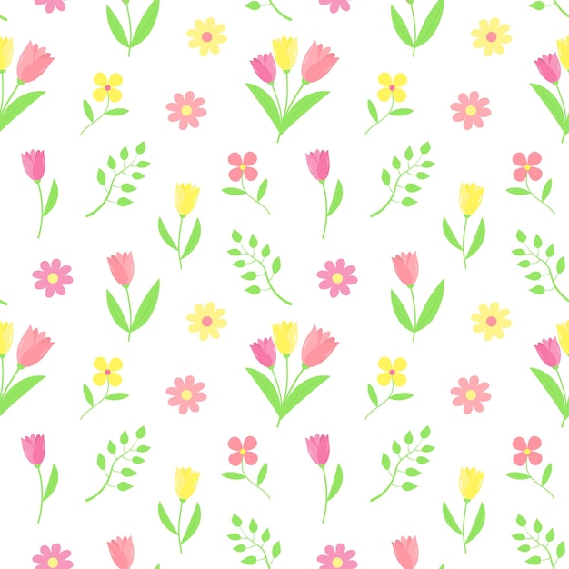 Seamless pattern with tulips twigs anf flowers