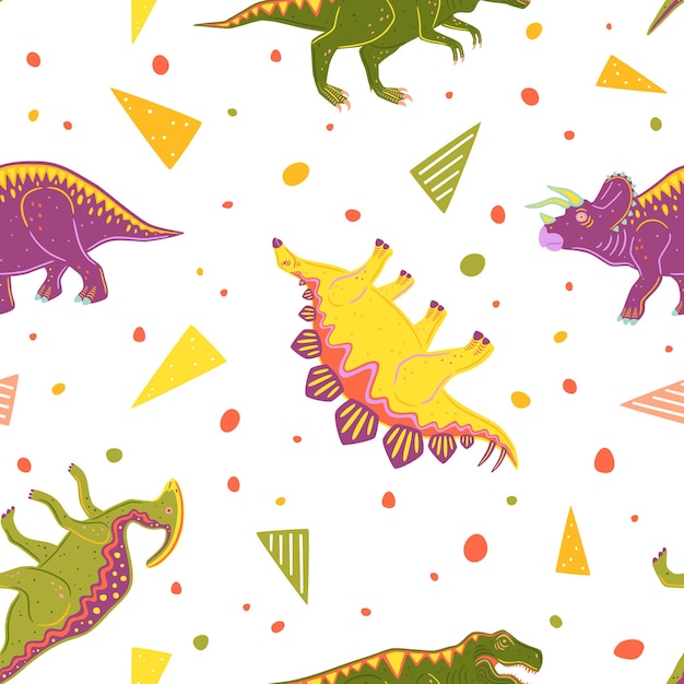 Seamless pattern with tyrannosaurus, triceratops, parasaurolophus and stegosaurus. Colorful vector dinosaurs