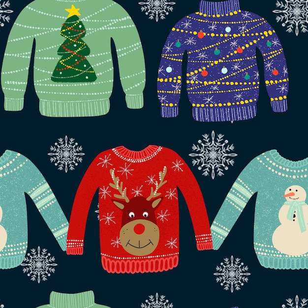 Vector seamless pattern with ugly sweaters illustration on a dark background with snowflakes