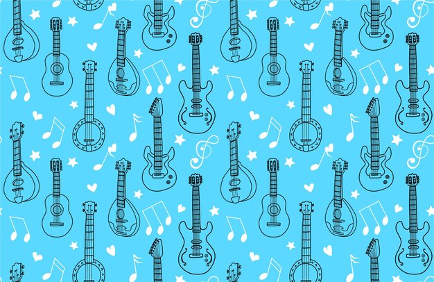 Un motivo senza cuciture con ukulele e ukulele su sfondo blu