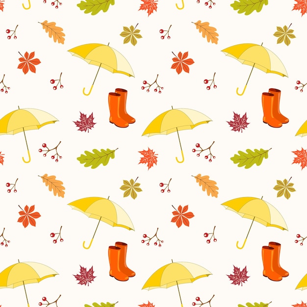 Seamless Pattern with Umbrellas Rubber Boots and Autumn Leaves. Vector illustration.