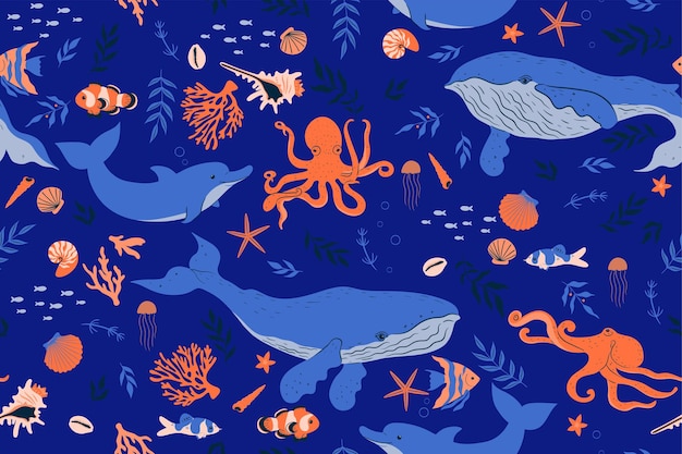 Seamless pattern with underwater marine animals