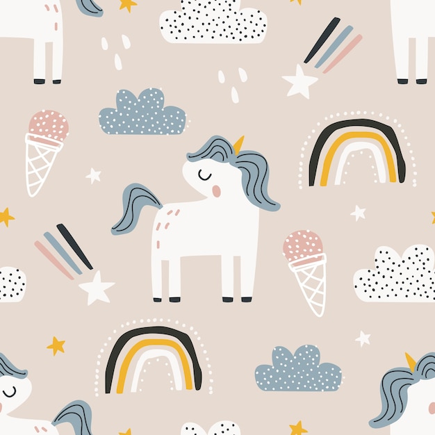 Seamless pattern with a unicorn on a colored background vector illustration for printing on fabric