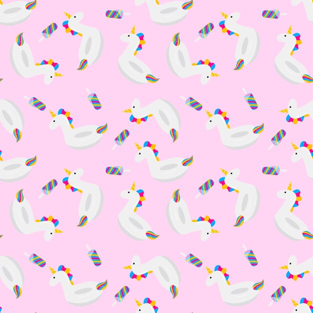 Vector seamless pattern with unicorn inflatable float unicorn and ice cream