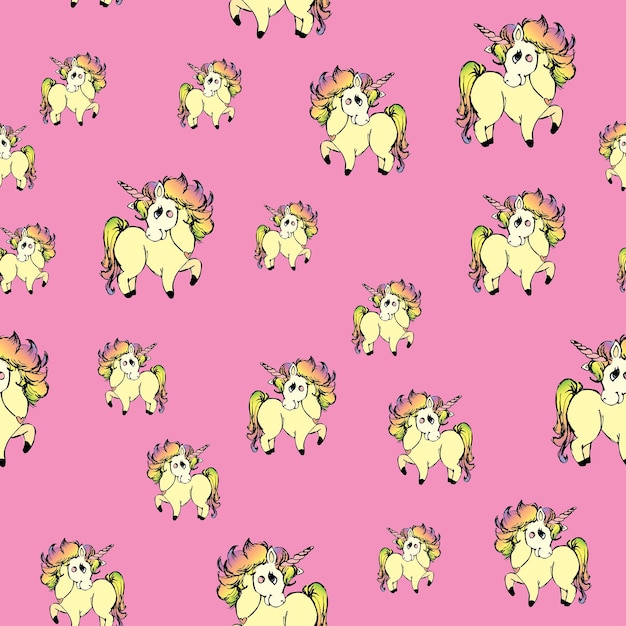 Бесшовный узор с единорогами милые лошади на розовом фоне векторная иллюстрация