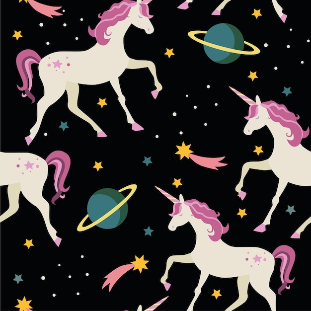 Seamless pattern with unicorns, planets and stars on black background.