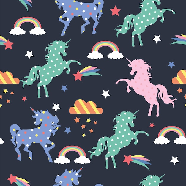 Vector seamless pattern with unicorns rainbows and clouds