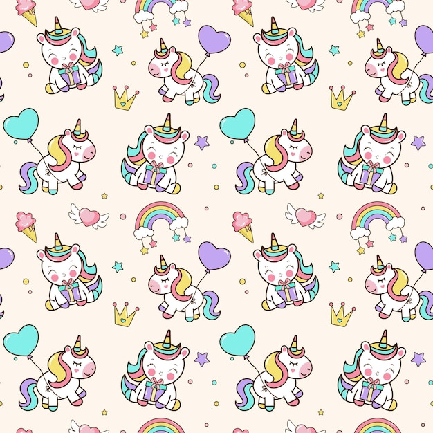 Seamless pattern with unicorns stars rainbow confetti Vector background in cartoon style for birthaday party