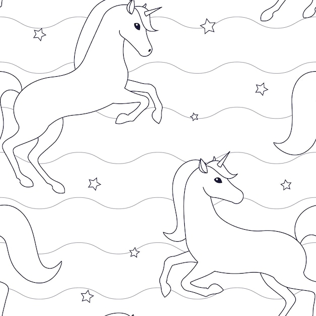 Seamless pattern with unicorns stars vector illustration for coloring book magic mythical creatures