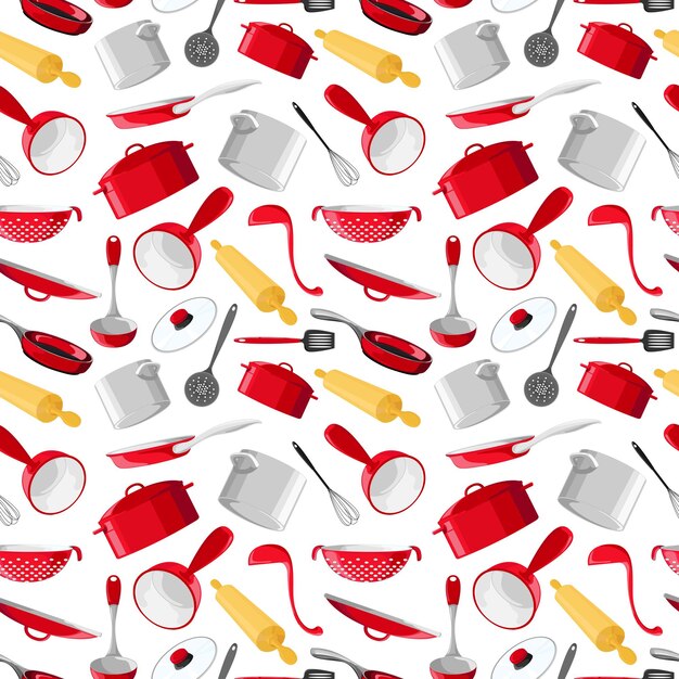 Vettore modello senza cuciture con utensili in stile cartone animato. utensili da cucina luminosi. set di pentole rosso isolato su sfondo bianco. illustrazione vettoriale. eps 10