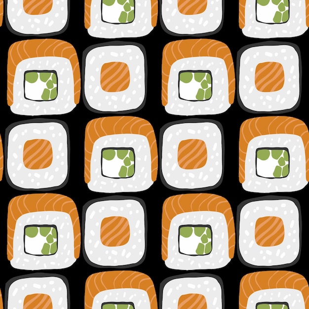 Seamless pattern with variation Sushi roll set illustration on black background