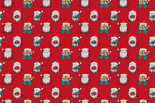 Seamless pattern with a variety of Christmas gnomes on red.