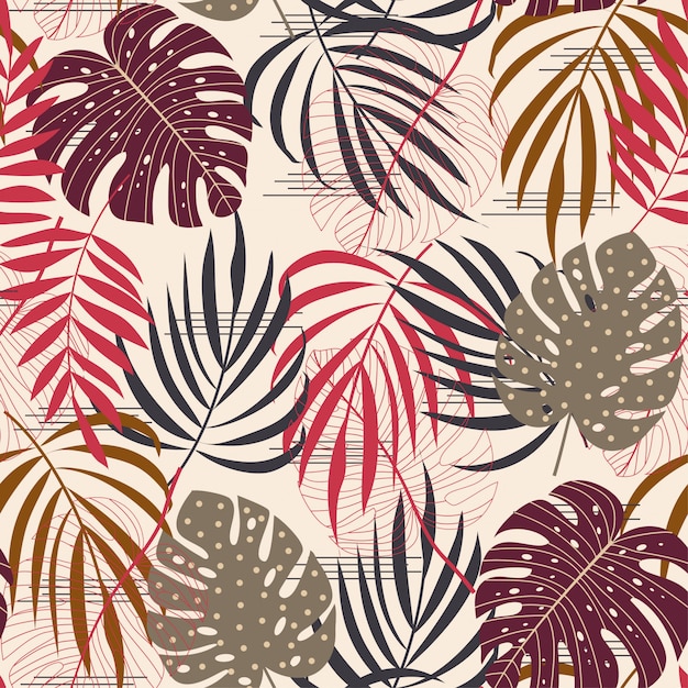 Seamless pattern with a variety of tropical leaves and plants