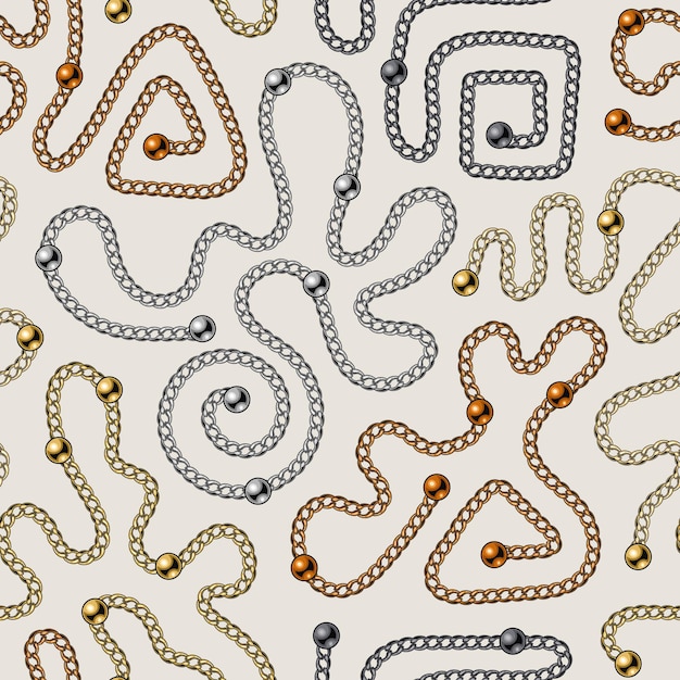 Seamless pattern with various abstract shapes of shiny metal chains and beads