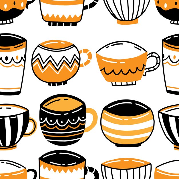 Seamless pattern with various blackwhiteyellow ceramic cups in a cute doodle style