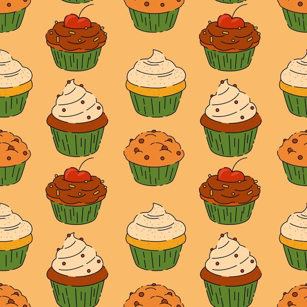 Seamless pattern with various cupcakes doodle vector background