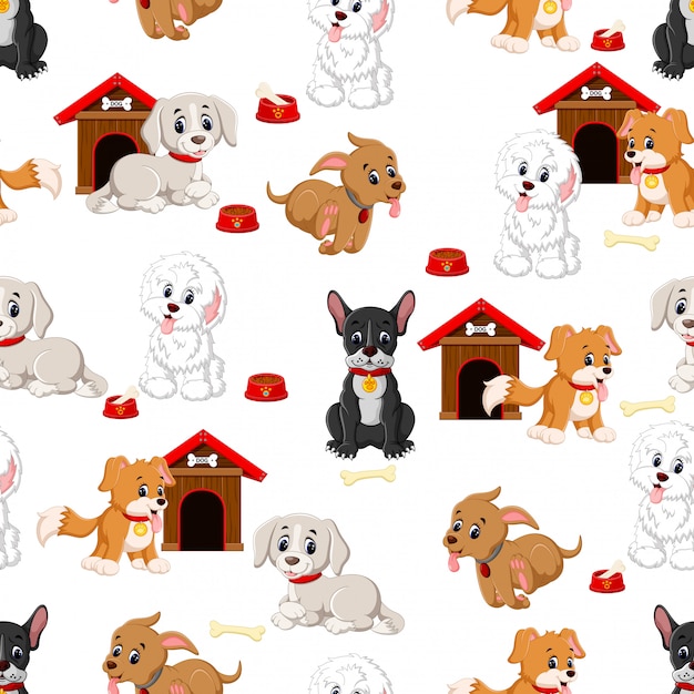 Seamless pattern with various cute dogs